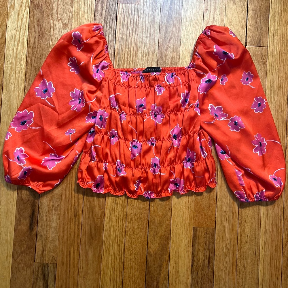 Sanctuary Red Smocked Crop Blouse 3/4 Sleeve
